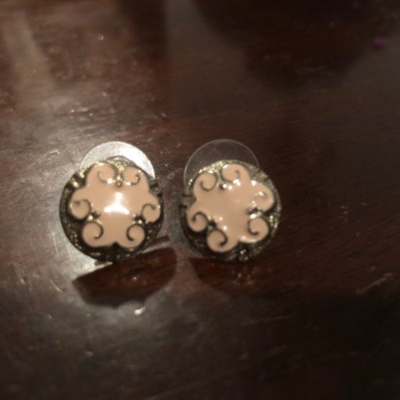 Gold Earrings with Pink “Floral” Detail for Pierced Ears. For work or fun! - Picture 2 of 2